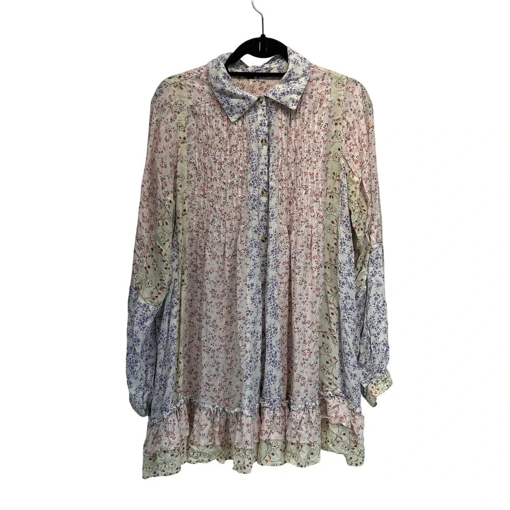 Free People Mini Dress Womens M Multicolor Floral Patchwork Boho Babydoll Ruffle